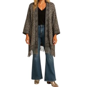 Ruby Rd Metallic Animal Print Fringed Cardigan Black EG 1X